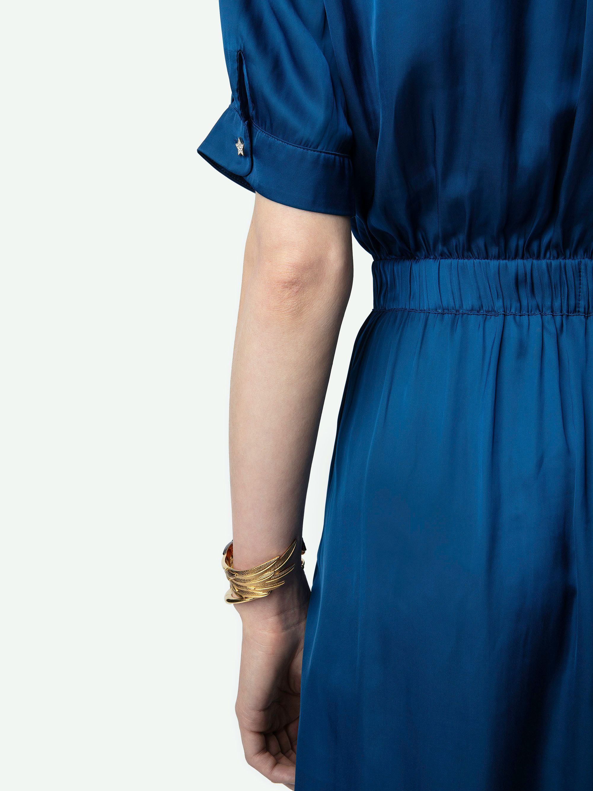 Rima Satin dress - Short-sleeved blue Japanese satin midi dress with asymmetrical skirt.